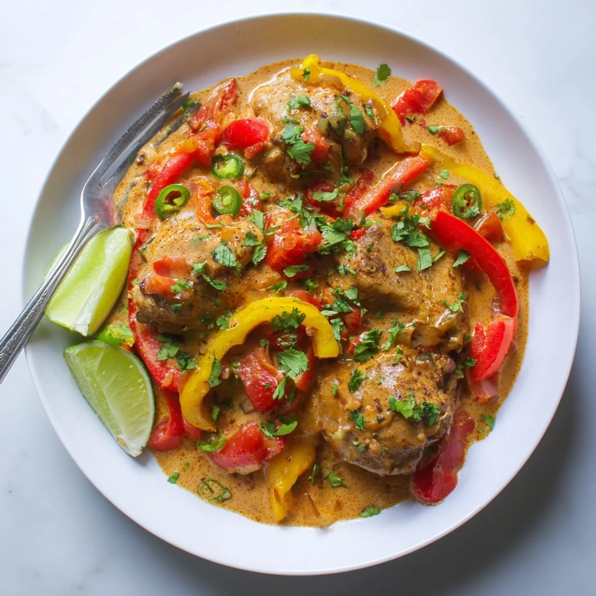 Golden coconut curry with tender chicken thighs, bell peppers, and fresh cilantro garnish