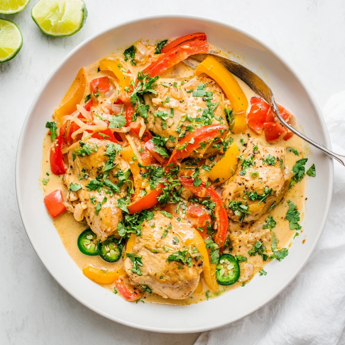 Creamy spicy Brazilian coconut chicken served in a white bowl over steamed white rice