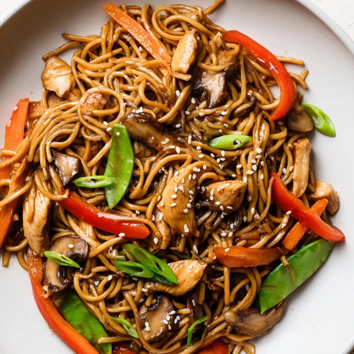 Easy Crockpot Chicken Lo Mein featuring tender chicken pieces with colorful bell peppers and carrots in glossy savory sauce