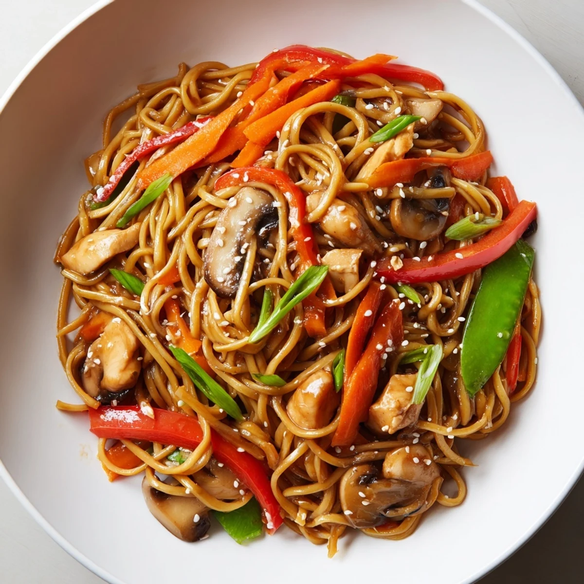 Homemade Crockpot Chicken Lo Mein served in a bowl with perfectly coated noodles and fresh green onion garnish