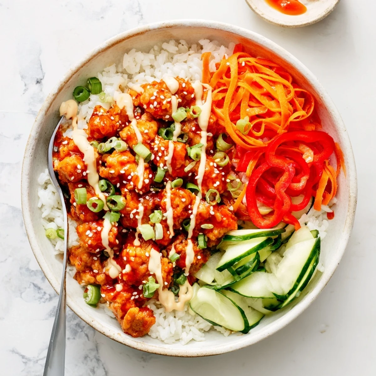 Firecracker ground chicken bowl featuring spicy glazed meat over fluffy jasmine rice with crisp vegetables