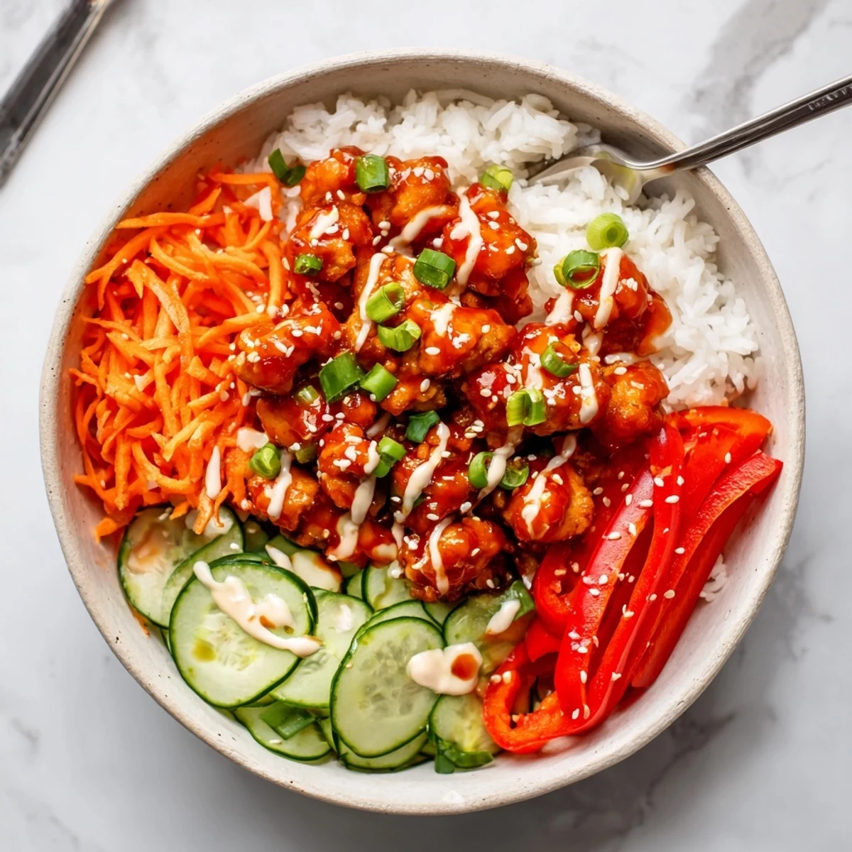 Vibrant firecracker ground chicken bowl served with creamy sriracha drizzle and sesame seed garnish