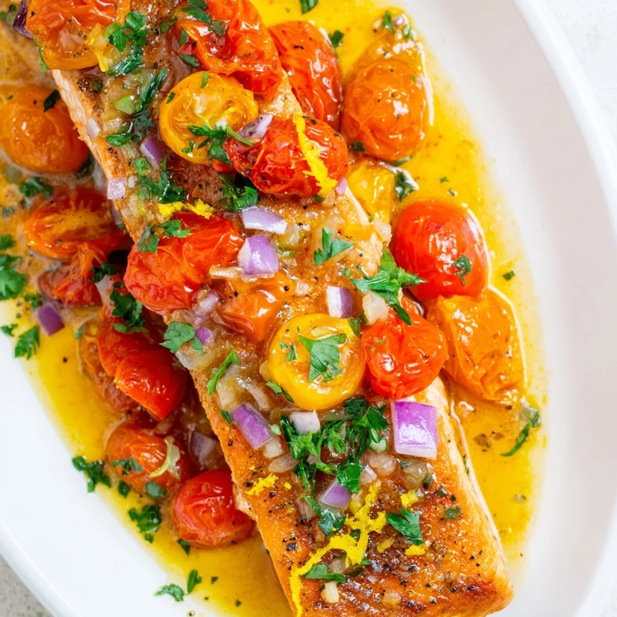Quick and easy salmon with tomato lemon sauce served on white plate with zesty cherry tomatoes