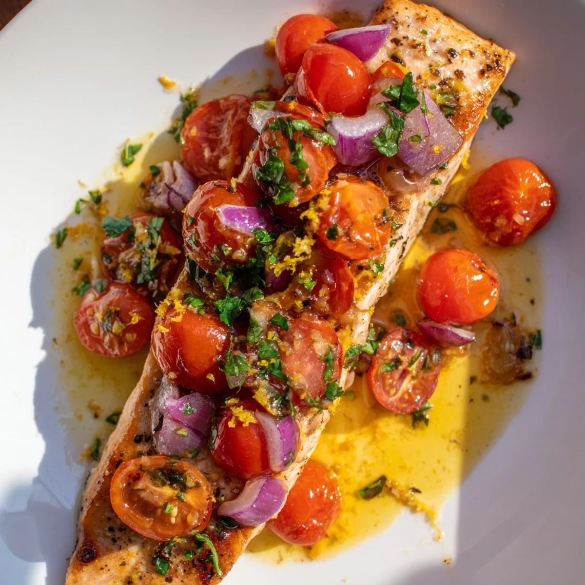 Flaky salmon topped with tangy tomato lemon sauce featuring red onion and bright citrus zest