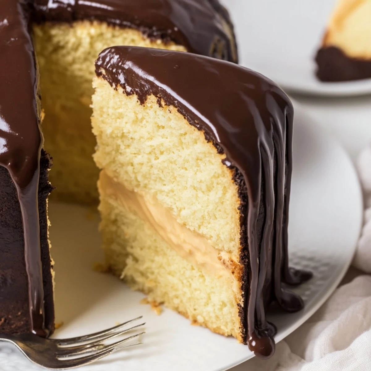 Golden Boston cream pie slice revealing vanilla custard and chocolate ganache layers