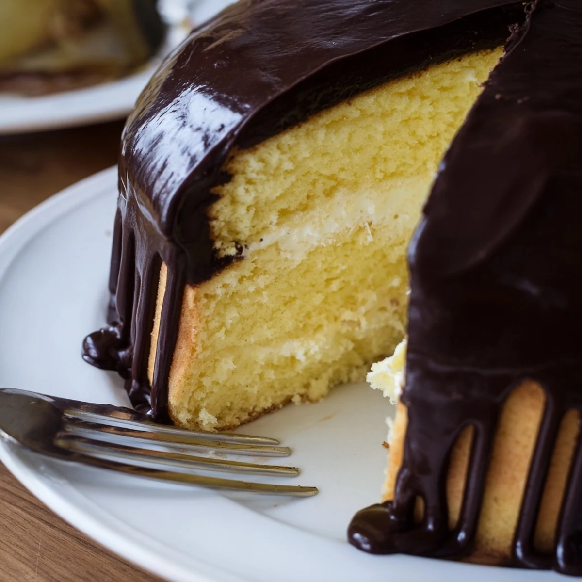 Homemade Boston cream pie with glossy chocolate topping and creamy vanilla filling