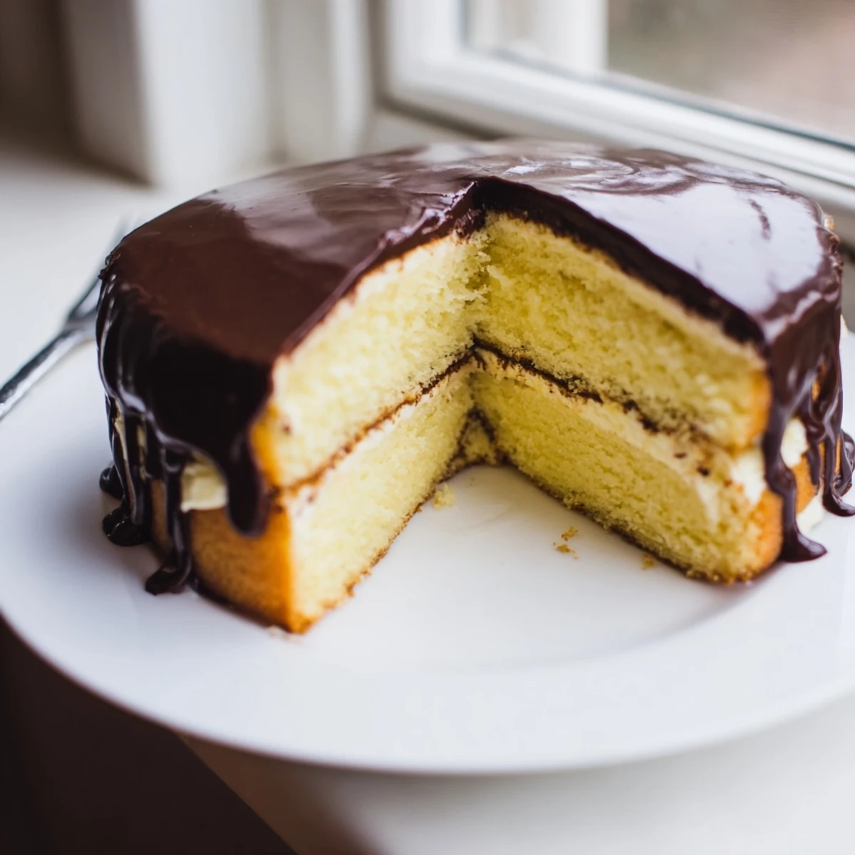 Classic Boston cream pie dessert on white plate with dripping chocolate glaze