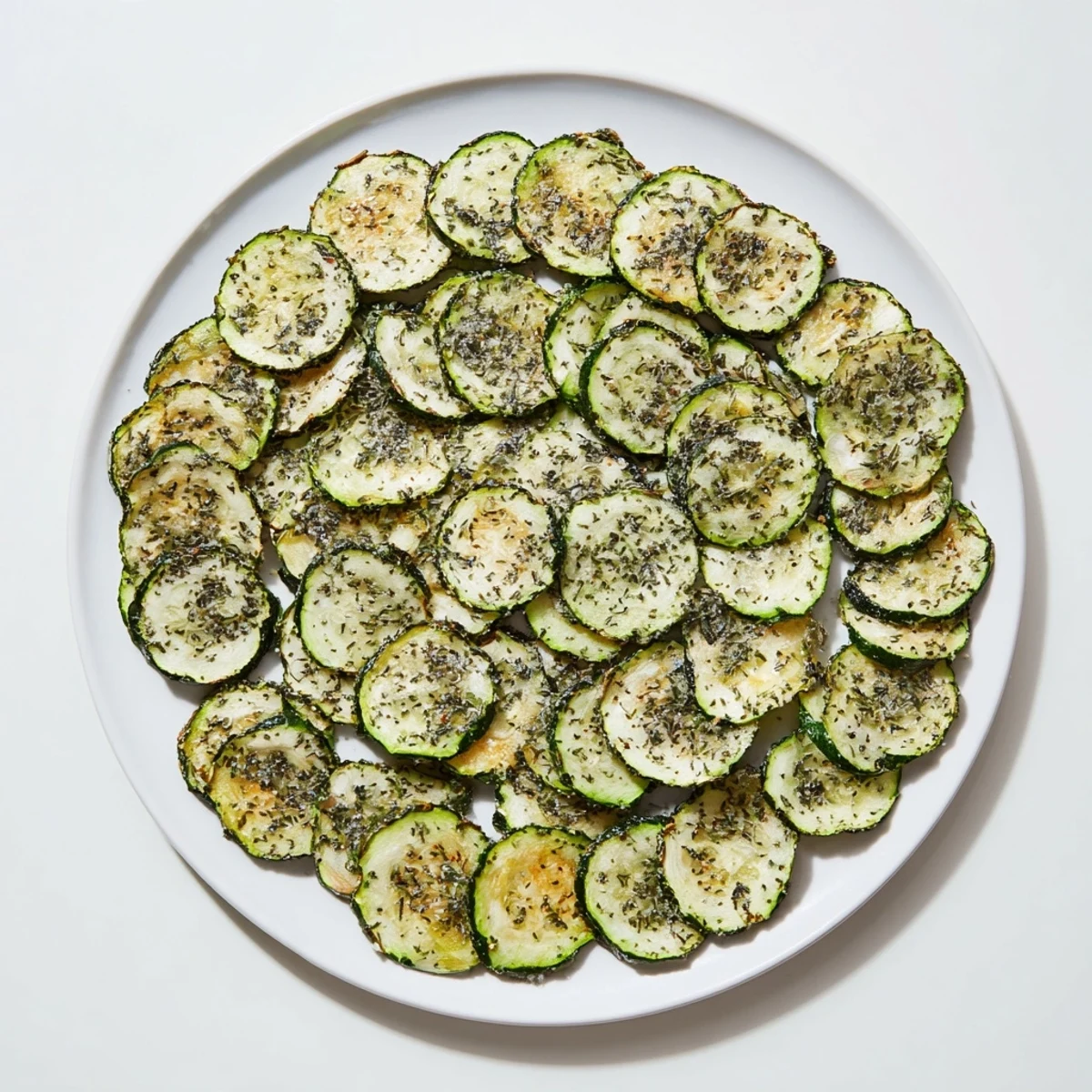 Golden brown ranch cucumber chips arranged on a white plate with fresh dill garnish