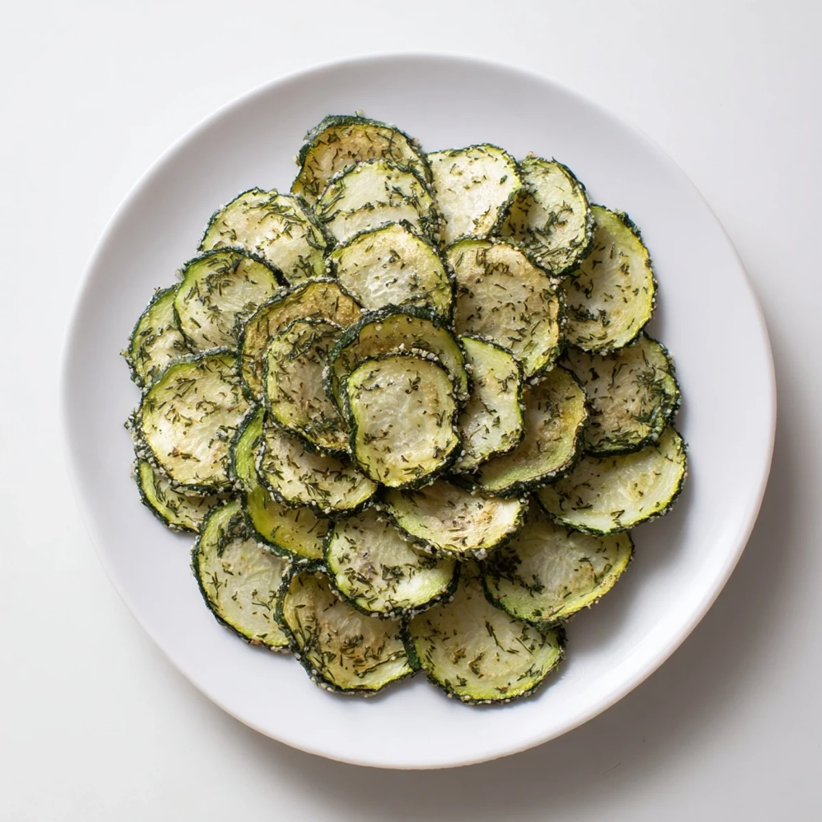 Crispy dehydrated cucumber chips seasoned with homemade ranch mix and herbs on wooden board