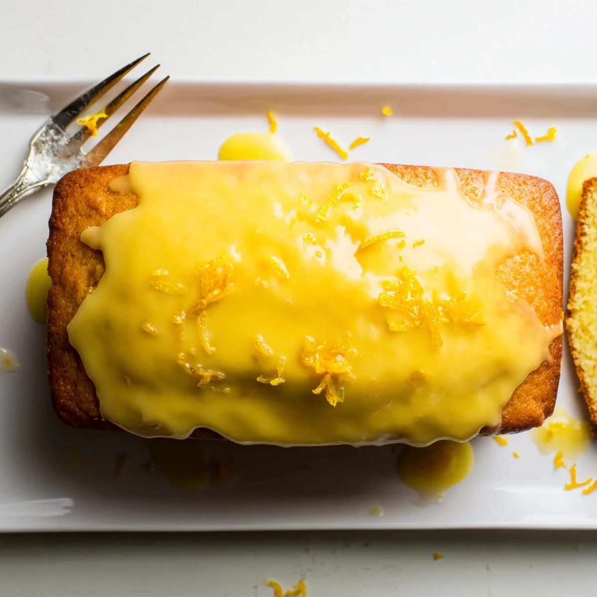 Golden bright lemon loaf drizzled with white citrus glaze on a wooden board