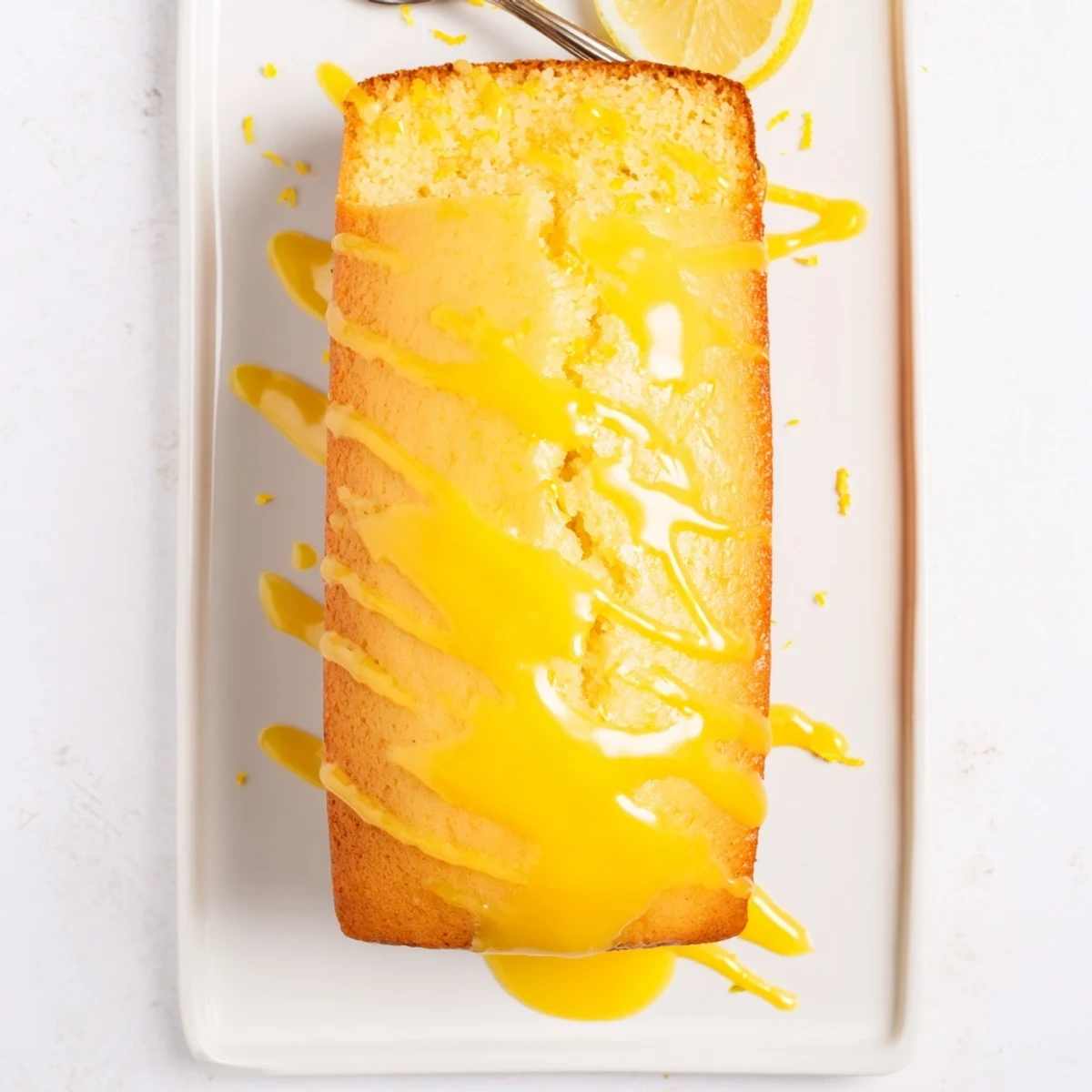 Tea time bright lemon loaf with glossy icing and fresh lemon garnish on plate