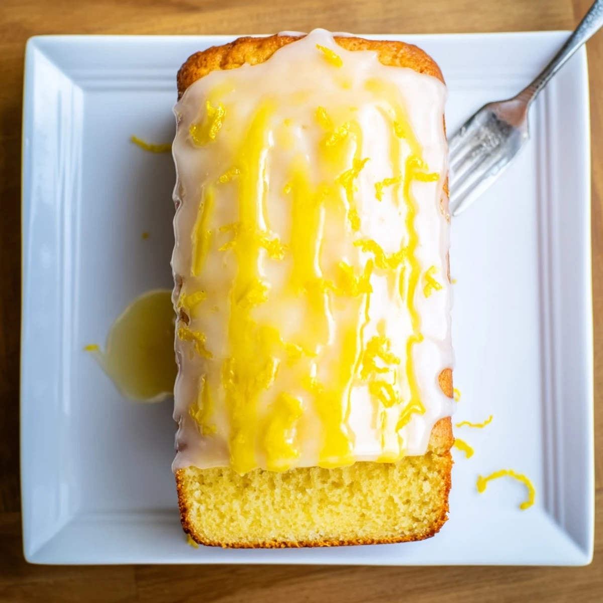 Moist lemon loaf cake sliced to reveal tender crumb with vibrant lemon zest topping