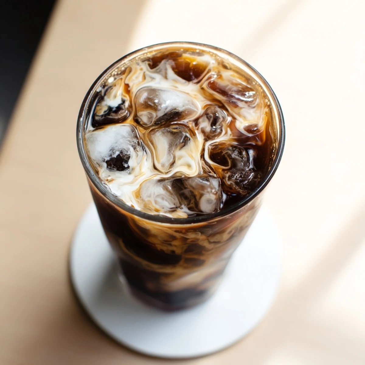 Tall glass filled with refreshing iced coffee topped with whipped cream and cocoa powder