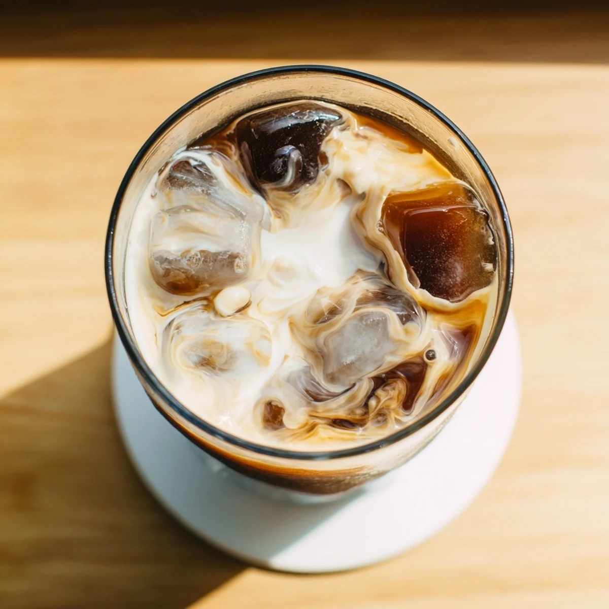 Homemade refreshing iced coffee served over ice with a splash of cream and cinnamon