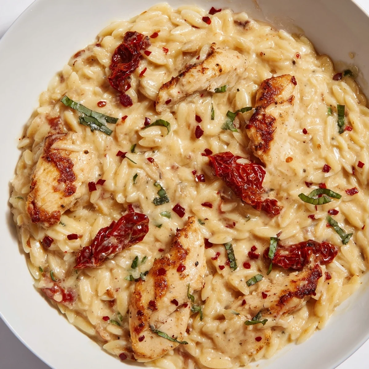 Creamy Marry Me Chicken Orzo with sun-dried tomatoes and fresh basil garnish in a white skillet.