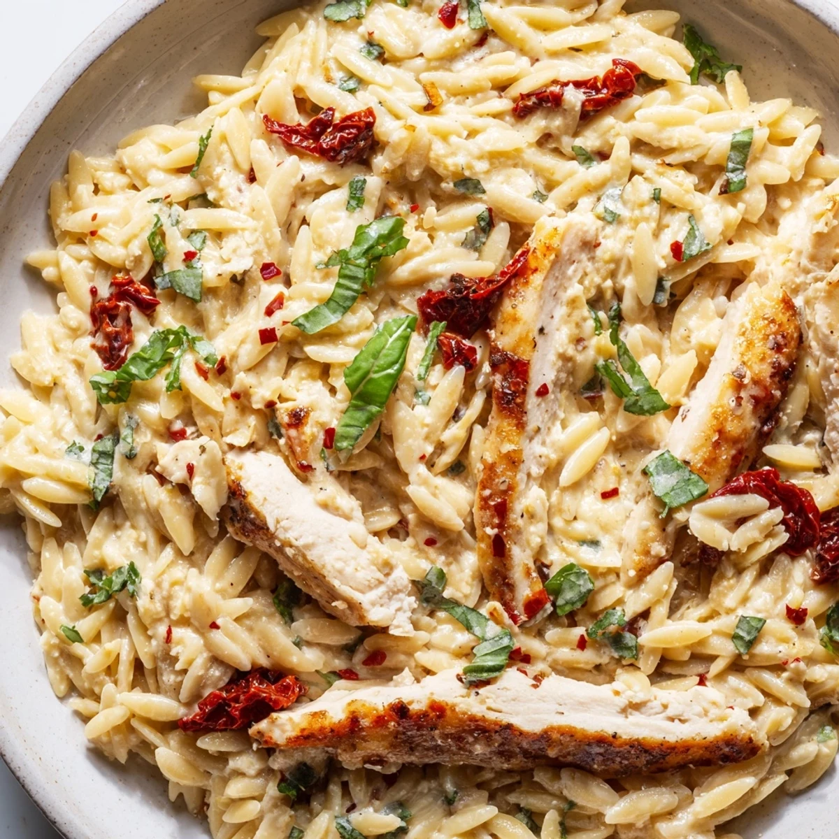 Golden seared chicken breasts nestled in rich orzo pasta with savory sun-dried tomato cream sauce.