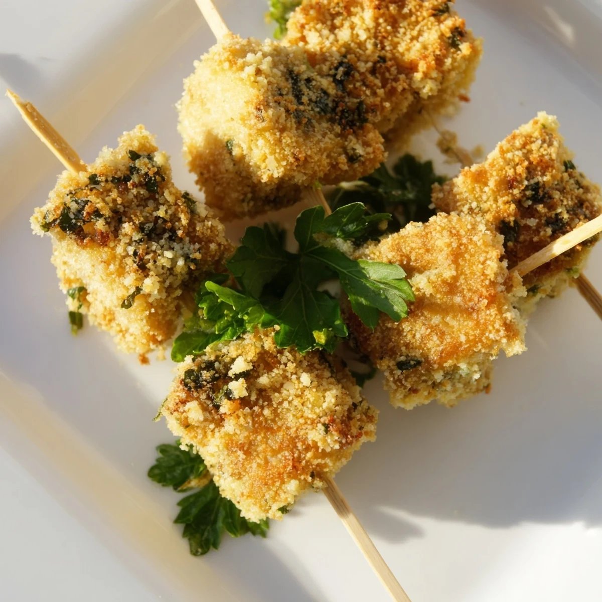 Golden air fryer garlic Parmesan chicken skewers with crispy coating and fresh parsley garnish