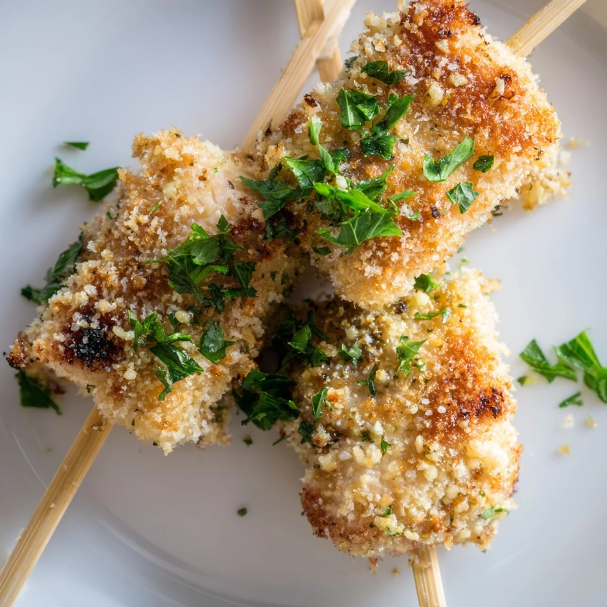Tender garlic Parmesan chicken skewers arranged on serving plate with lemon wedges and green herbs