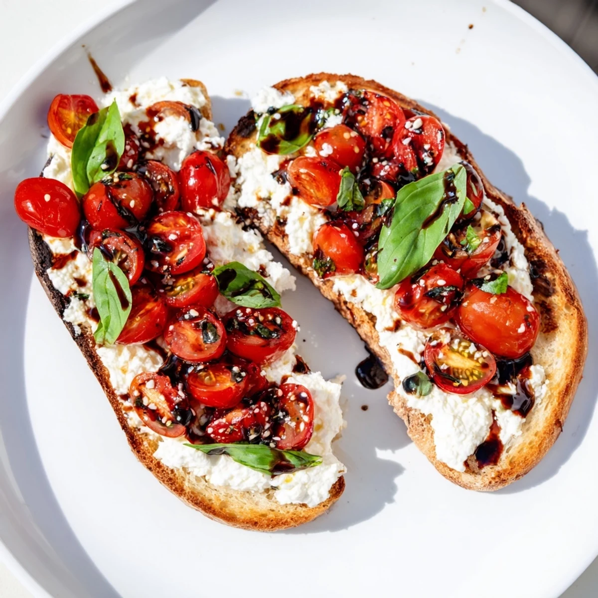 Golden sourdough toast topped with creamy ricotta and juicy cherry tomatoes