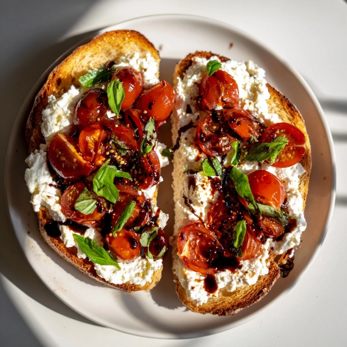 Ricotta tomato sourdough toast drizzled with balsamic and fresh basil leaves