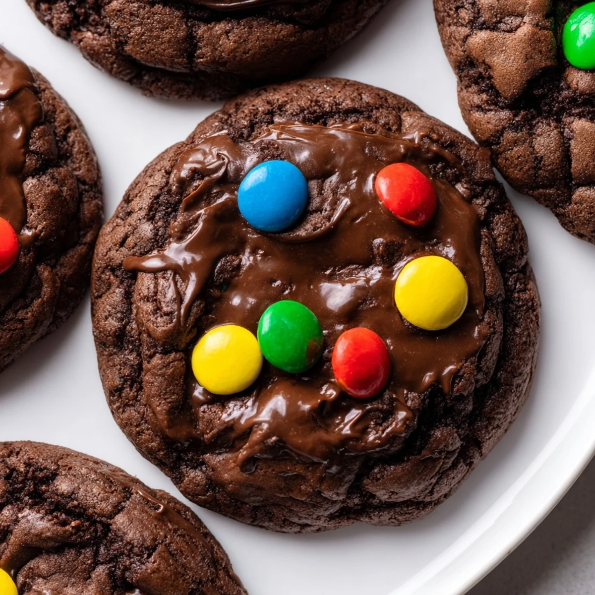 Rich chocolate Cosmic Brownie Cookies with glossy ganache frosting and sprinkled candy-coated chocolates