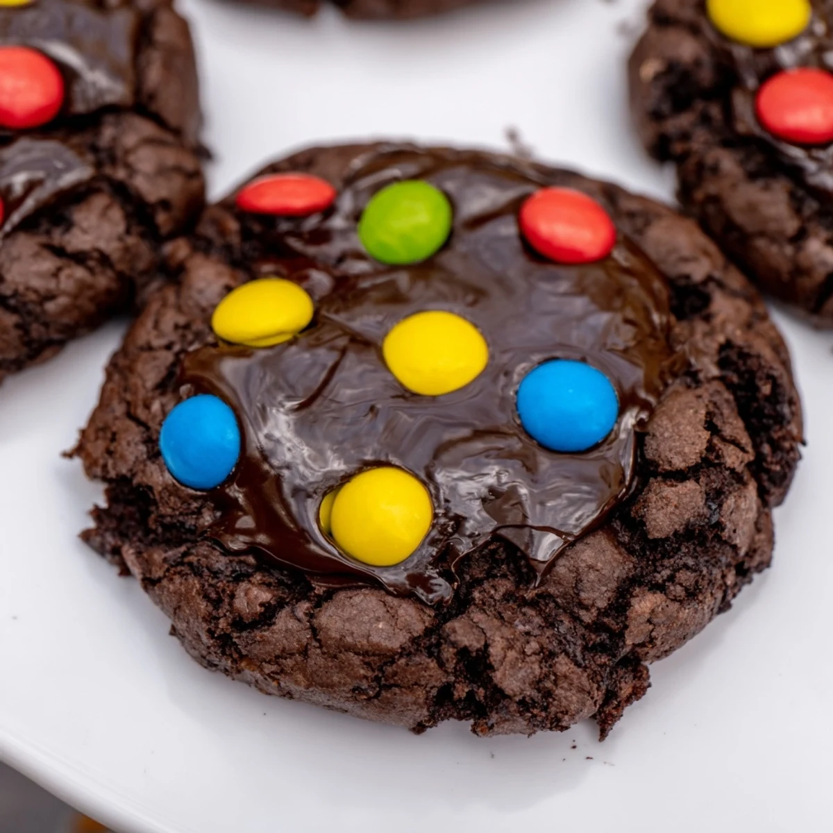 Fudgy Cosmic Brownie Cookies topped with smooth chocolate ganache and colorful rainbow candy chips