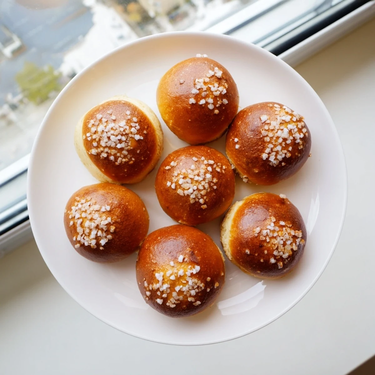 Warm cheeseburger pretzel bombs served on a wooden board with coarse salt topping