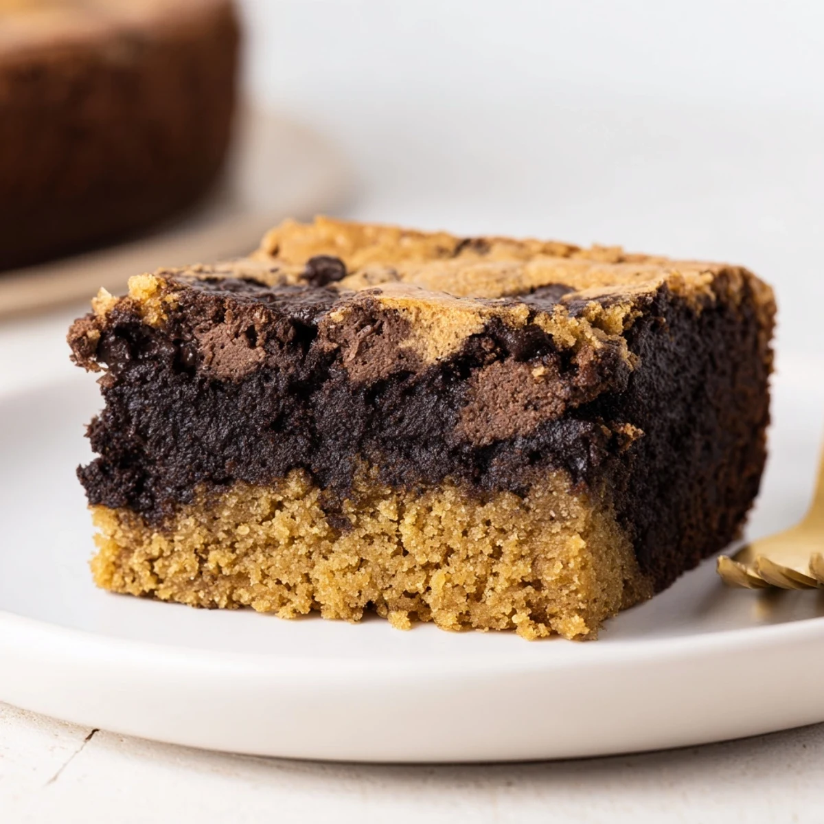 Golden chocolate chip cookie brownie bars stacked on a wire cooling rack with melty chocolate chips visible throughout the fudgy layers