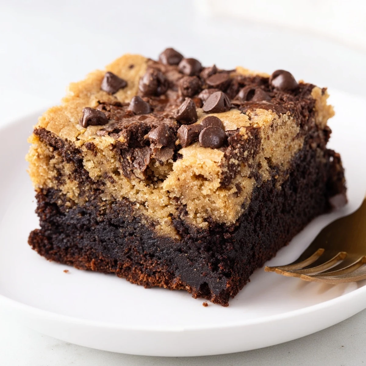 Freshly baked chocolate chip cookie brownies sliced into squares revealing the dual textures of chewy cookie dough and rich brownie