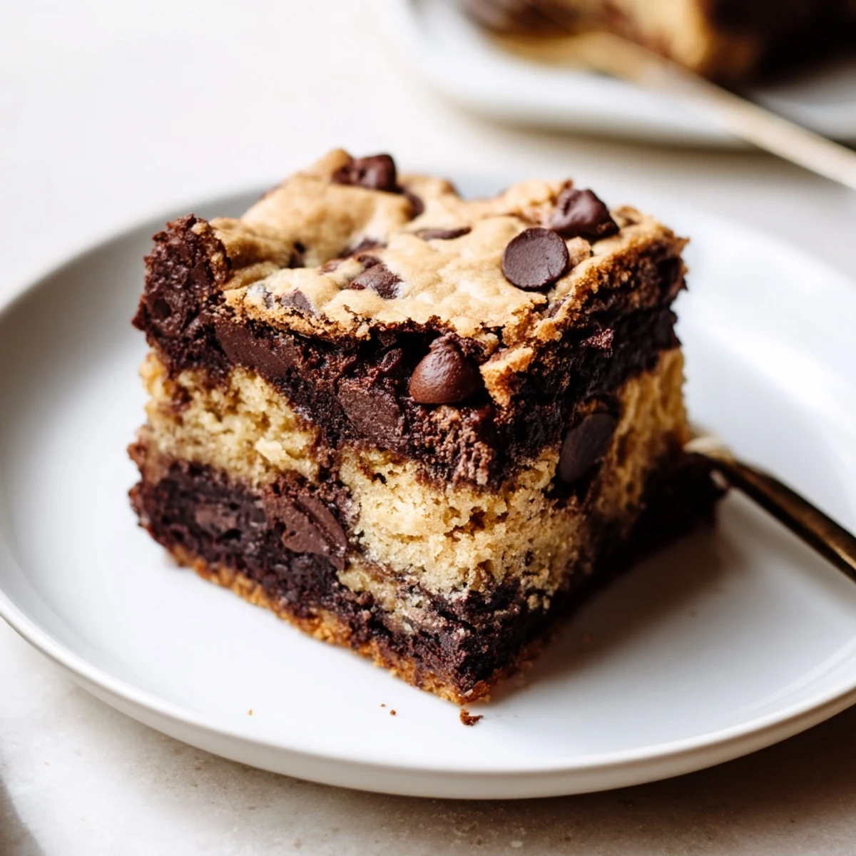 Indulgent chocolate chip cookie brownie dessert bar topped with a glass of milk showing the perfect crumb and chocolate chip distribution