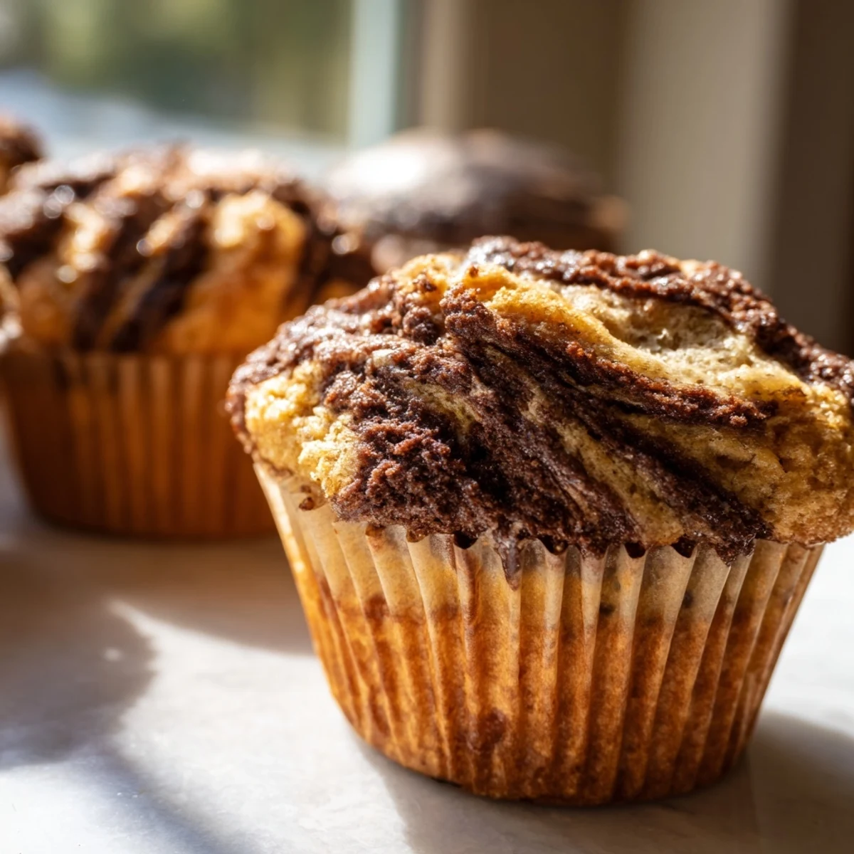 Warm homemade Nutella banana swirl muffins cooling on a wire rack with golden tops
