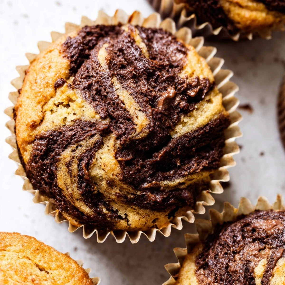 Freshly baked muffins featuring moist banana batter swirled with creamy Nutella topping