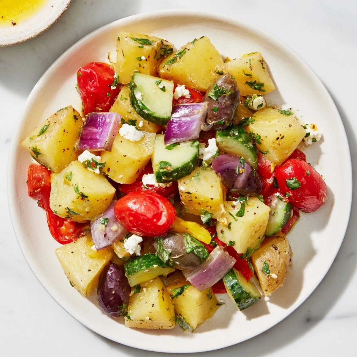 Creamy Greek potato salad with tender Yukon Gold potatoes, colorful vegetables, crumbled feta, and Kalamata olives