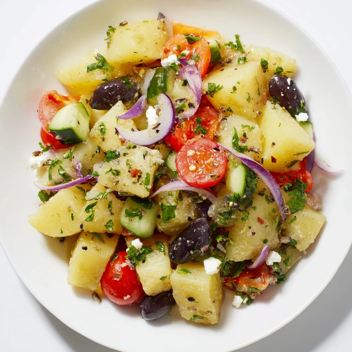 Fresh Greek potato salad featuring bright red bell pepper, cucumber, cherry tomatoes, and tangy lemon-oregano dressing