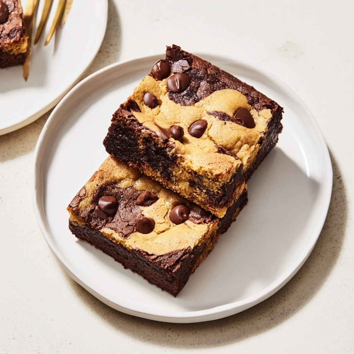 Freshly baked fudgy chewy browkies with golden edges and melted chocolate chips on a wooden cutting board