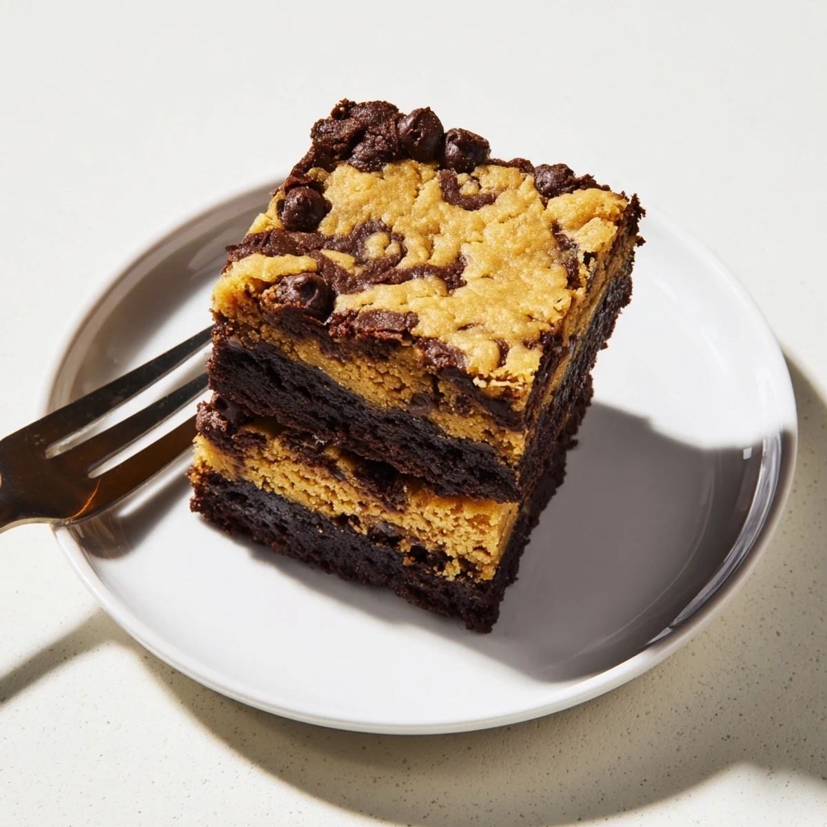 Warm fudgy chewy browkies dusted with powdered sugar served on a white plate with vanilla ice cream