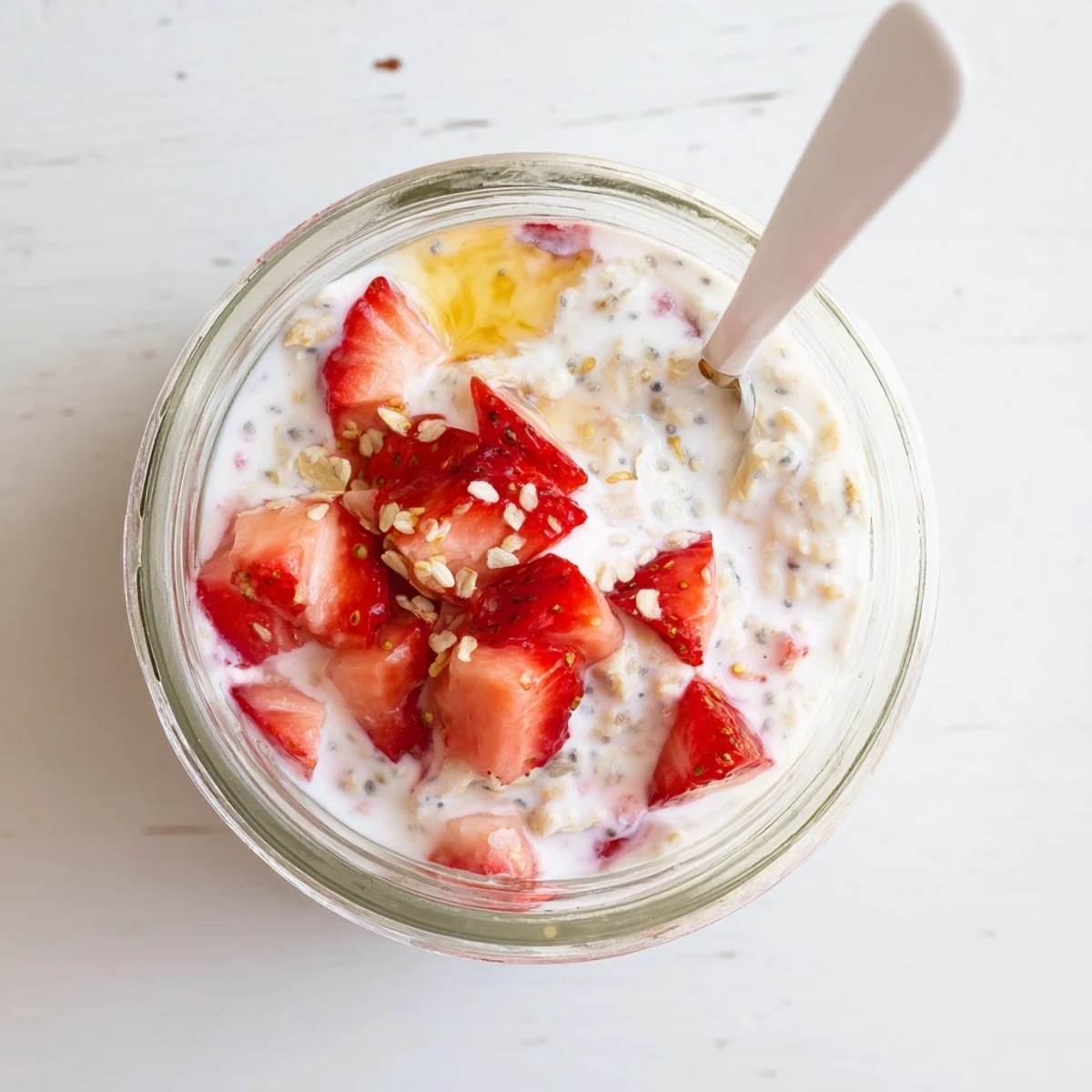 Creamy strawberries and cream overnight oats layered with fresh diced berries in a glass jar
