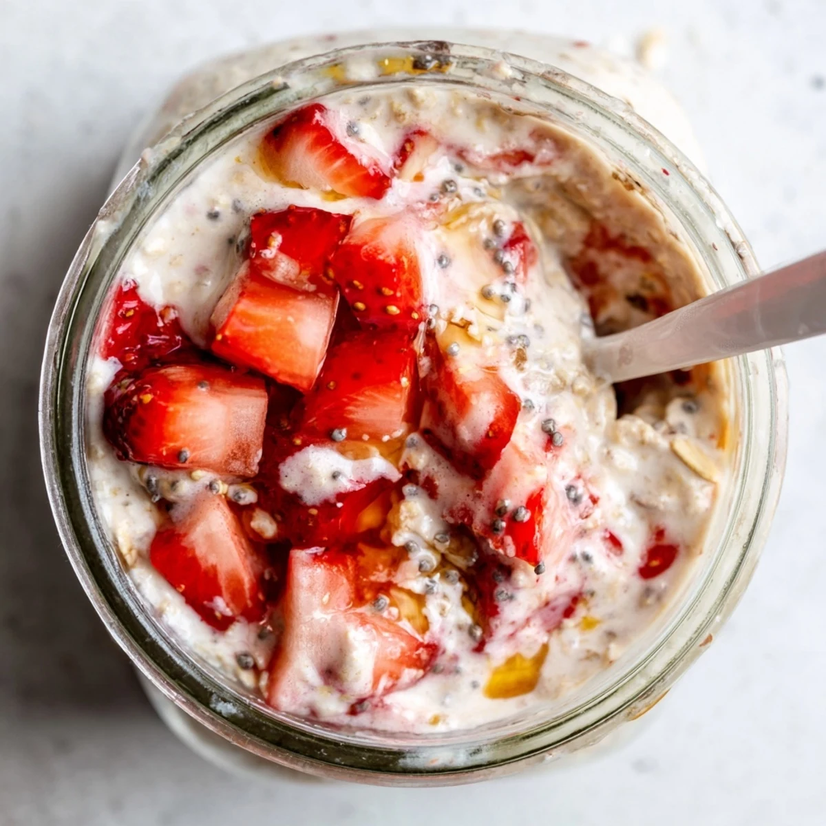 Jar of strawberries and cream overnight oats topped with sliced strawberries and granola for breakfast