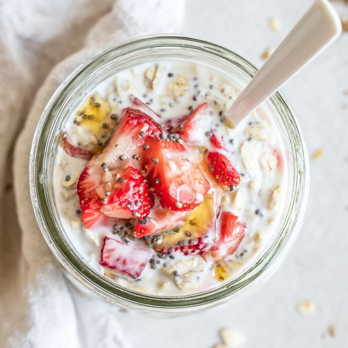 Spoonful of creamy strawberries and cream overnight oats with yogurt, milk, and fresh strawberry chunks