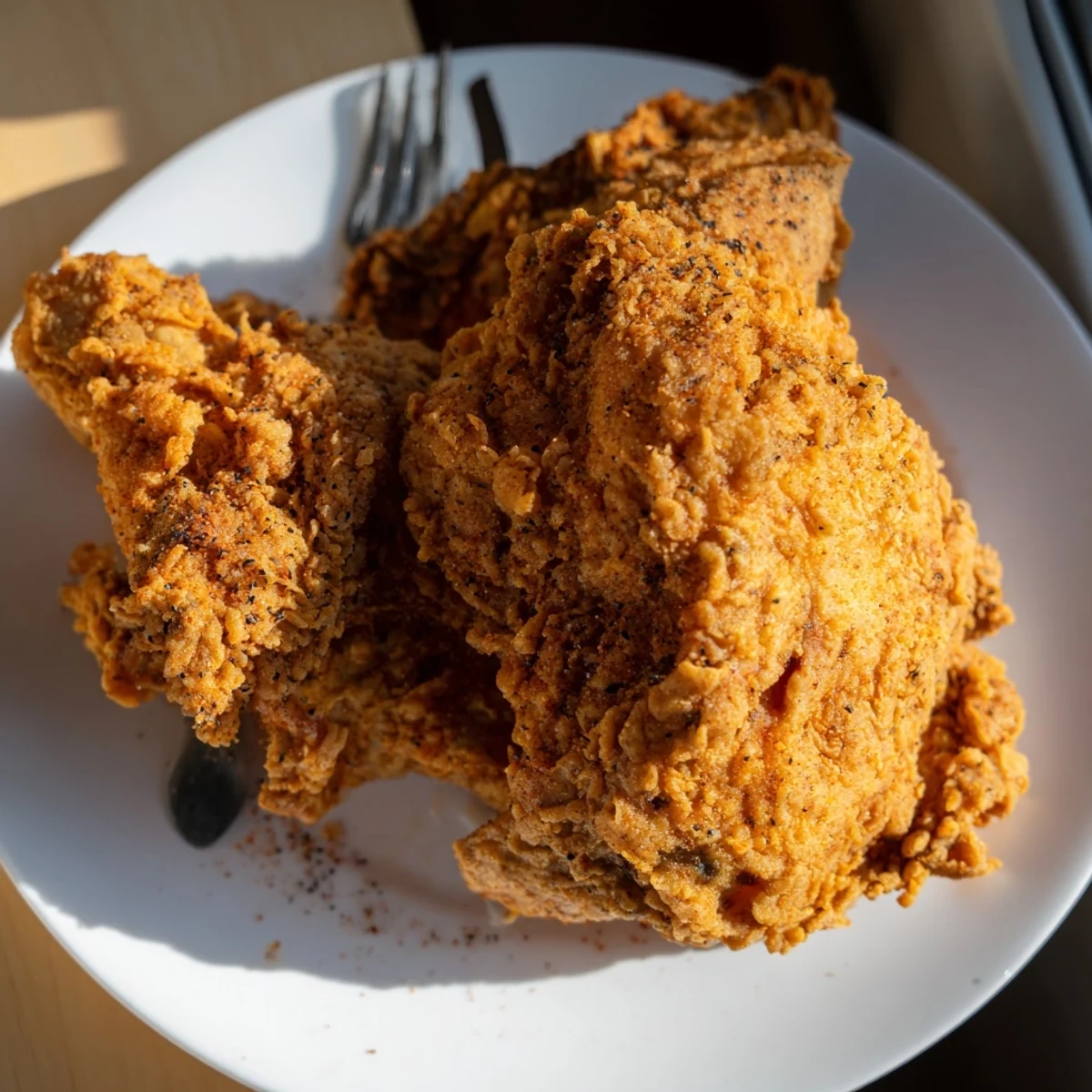 Double-breaded crispy chicken fried chicken resting on wire rack with oil glistening