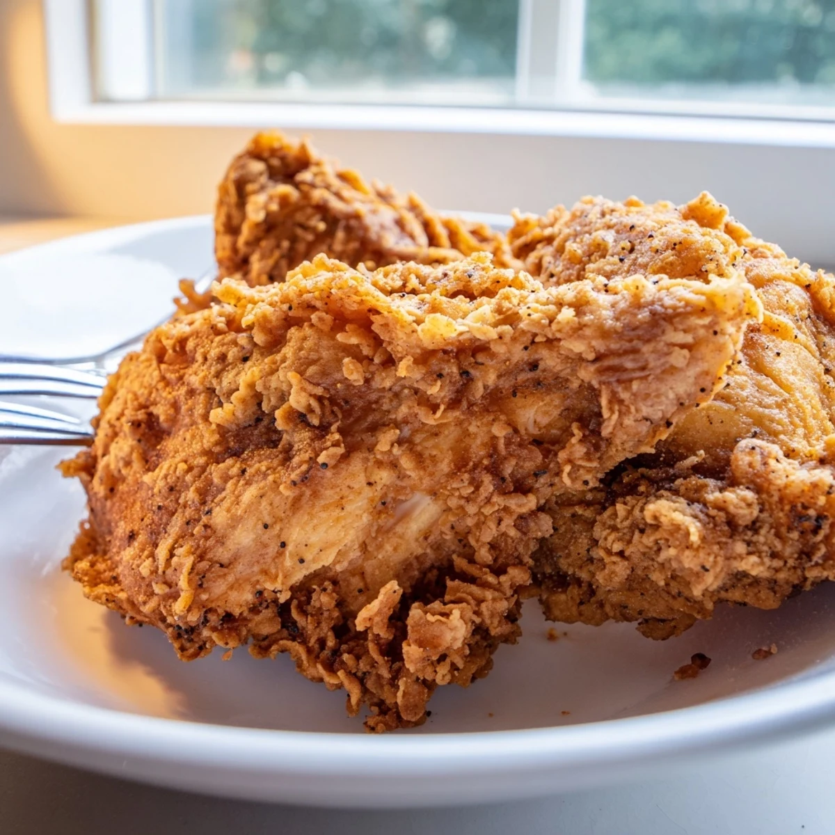 Southern-style crispy chicken fried chicken pieces stacked with rustic wooden table background