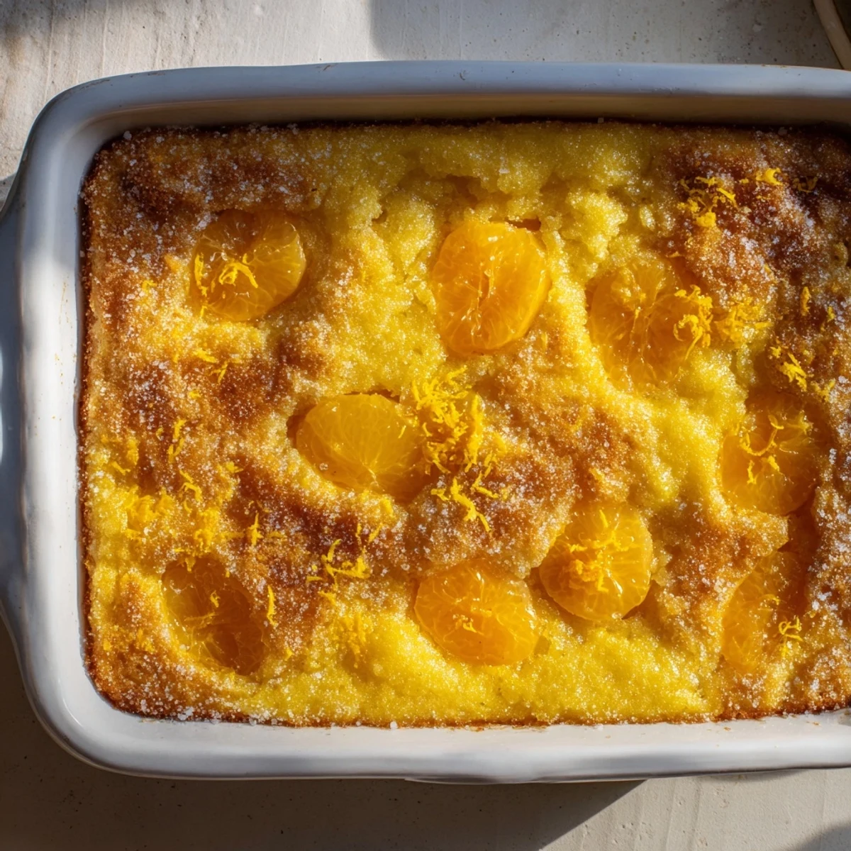 Golden citrus lemon dump cake with tangy lemon filling and mandarin orange segments bubbling beneath buttery yellow cake crumbs