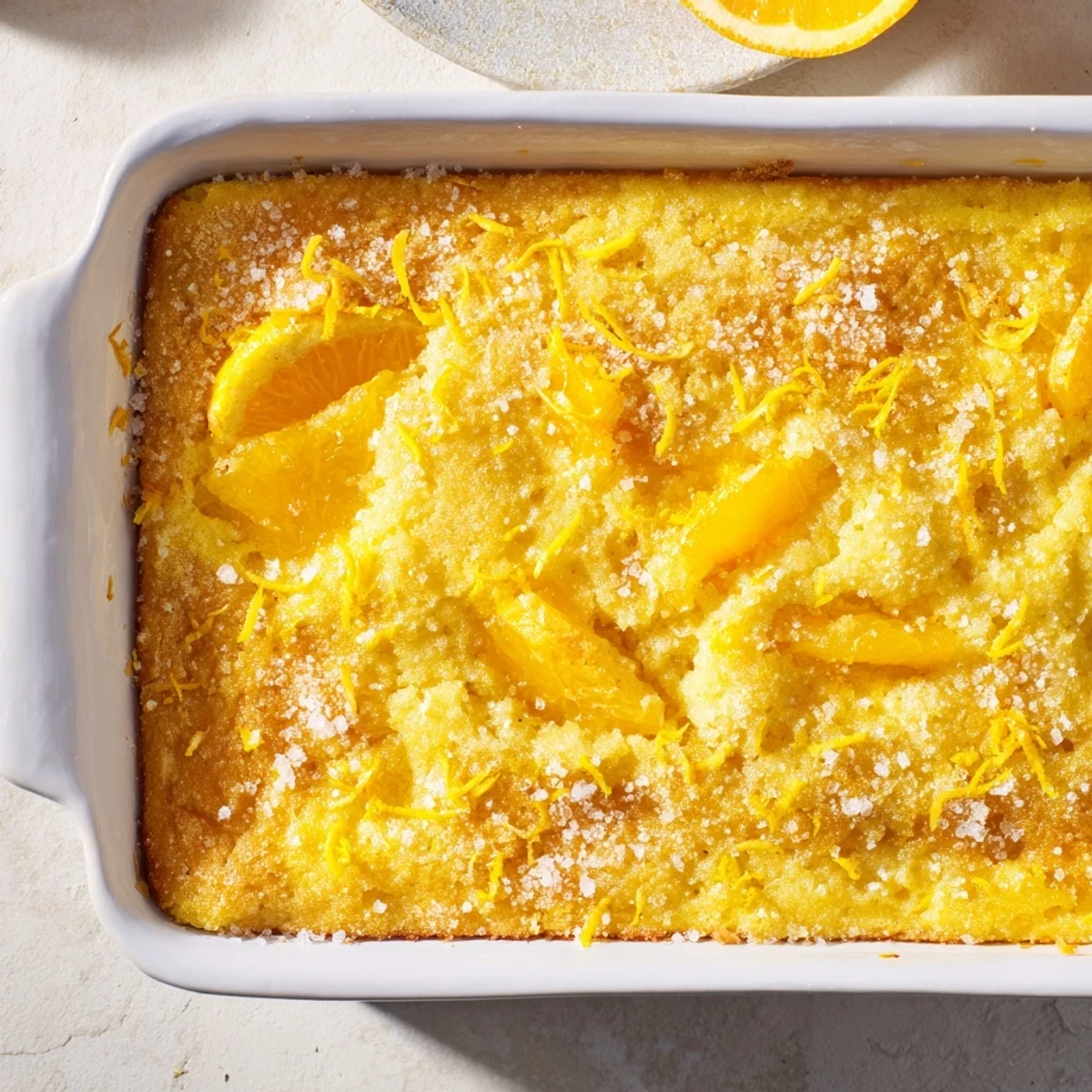 Warm citrus lemon dump cake fresh from the oven with golden brown topping and zesty lemon zest garnish