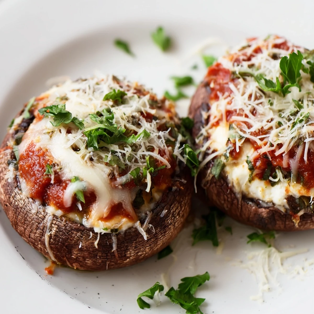 Four large stuffed lasagna portobellos garnished with fresh herbs on baking sheet