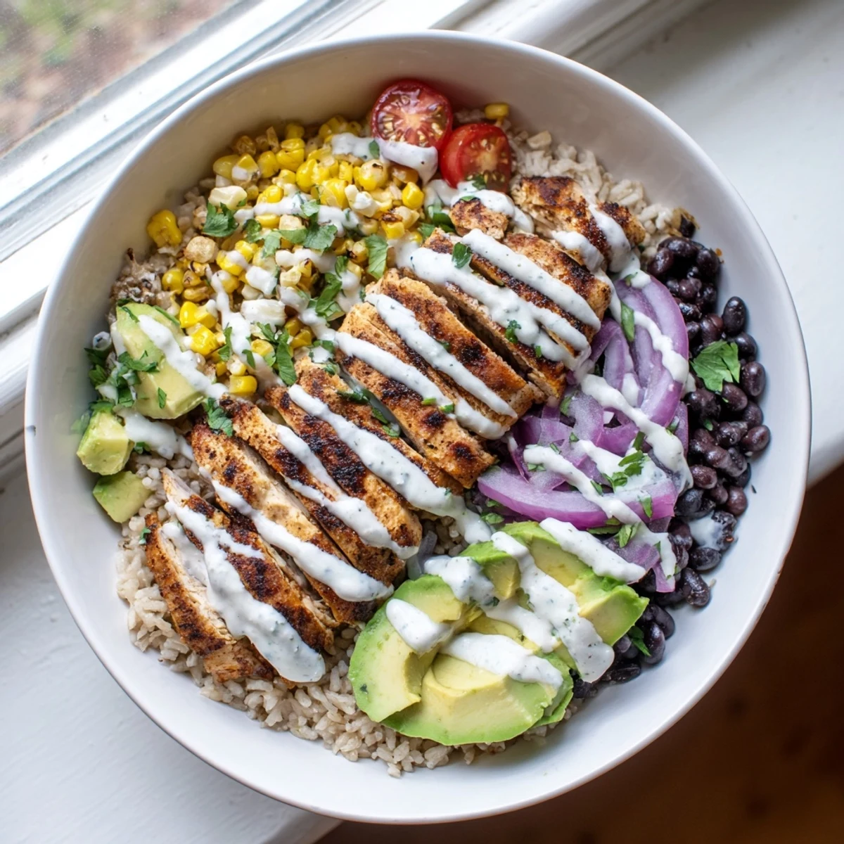 Colorful protein packed street corn chicken bowl topped with grilled chicken, charred corn, and creamy yogurt lime dressing