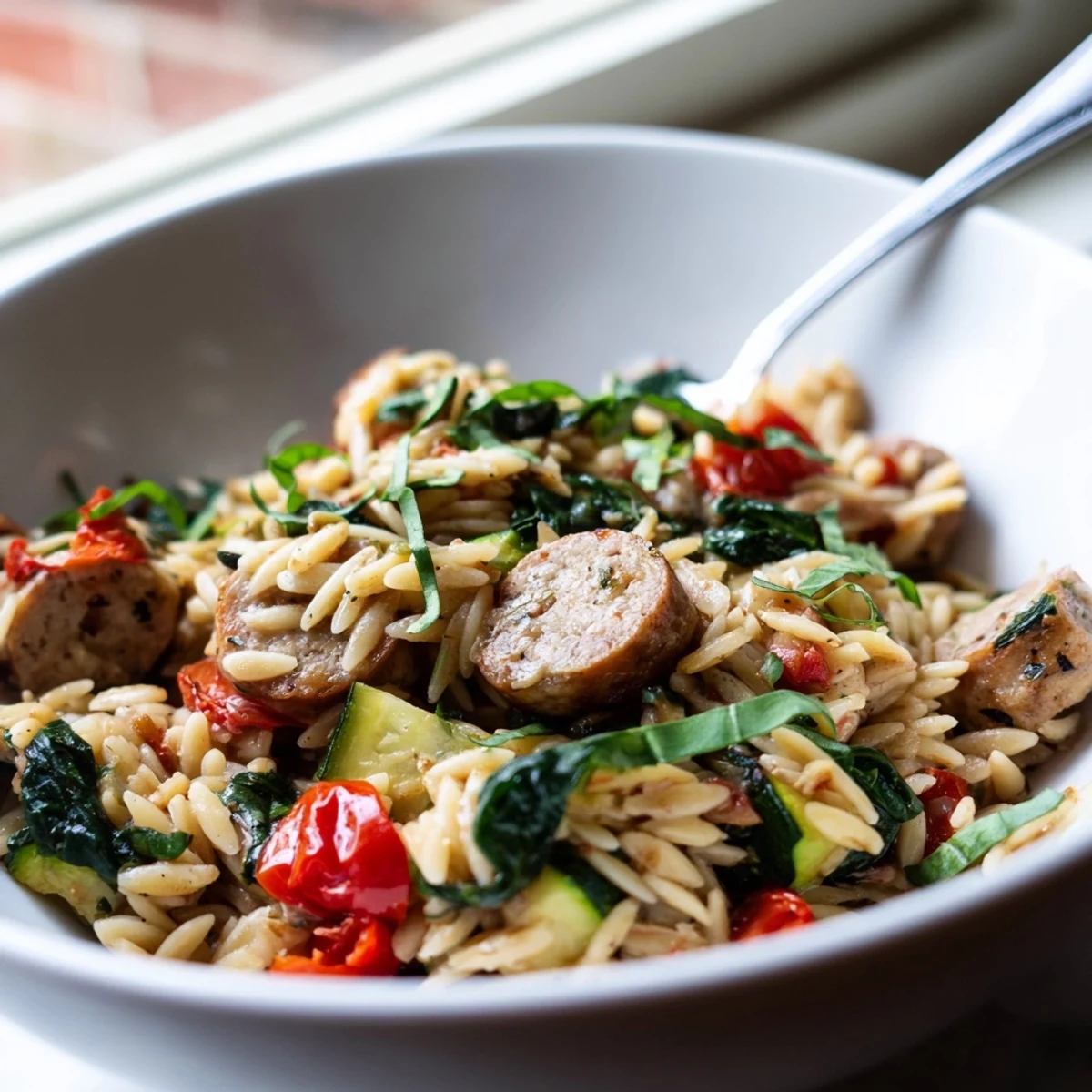 Creamy chicken sausage orzo one pot meal with colorful vegetables in a rustic bowl