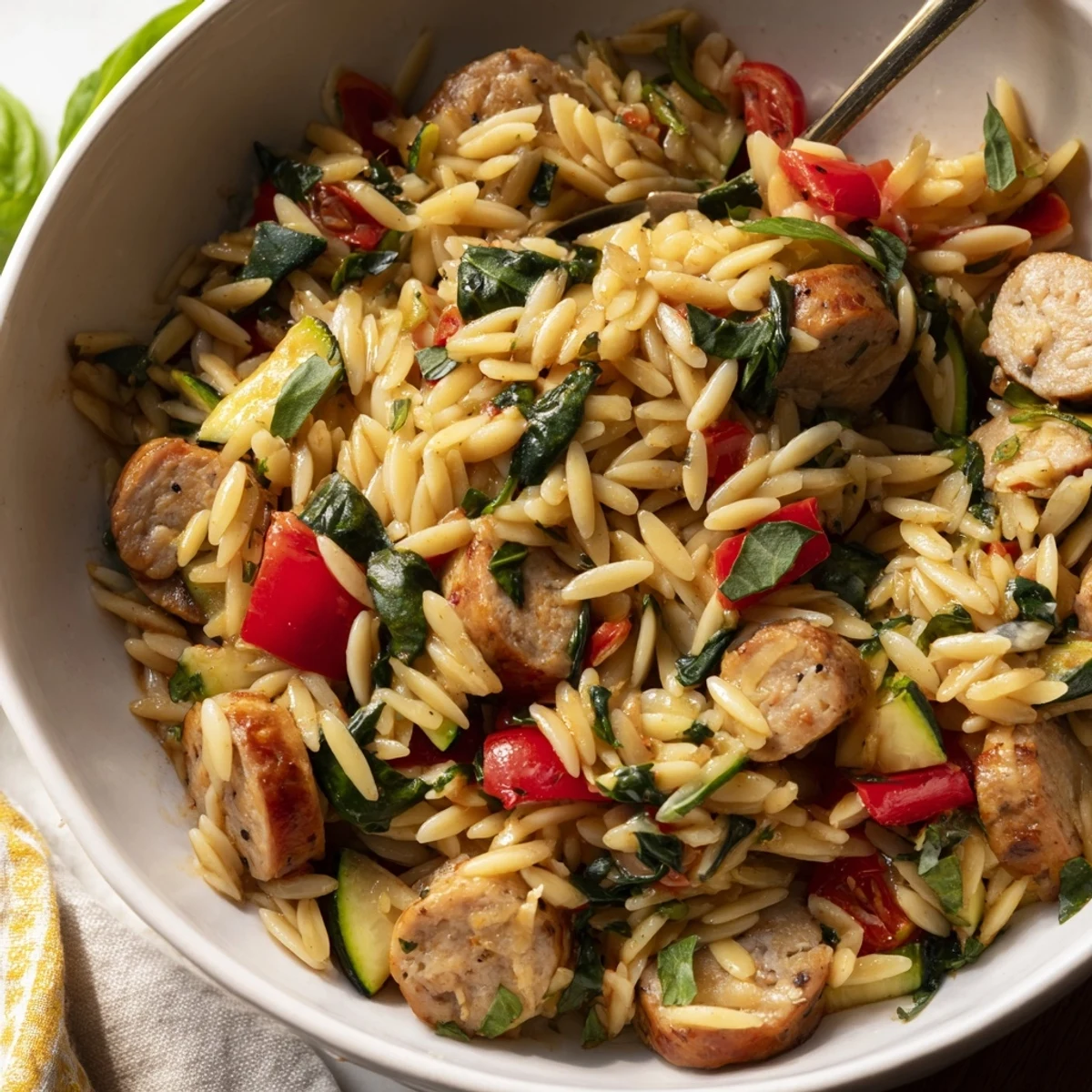 Steaming Mediterranean chicken sausage orzo one pot dish topped with fresh parsley and parmesan