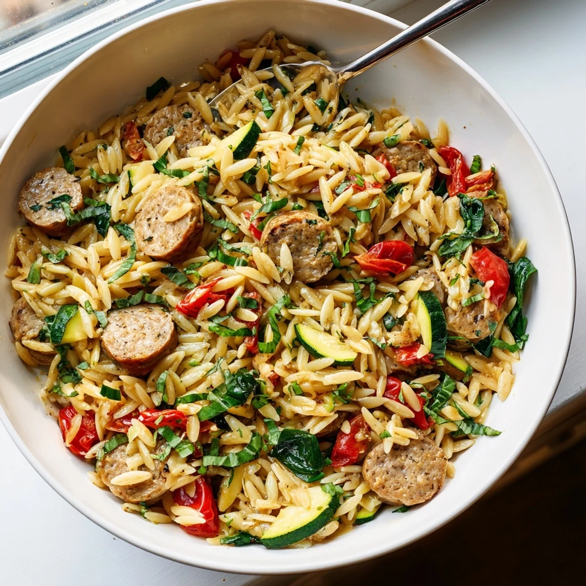 Golden brown chicken sausage slices mixed with tender orzo pasta and vibrant roasted vegetables