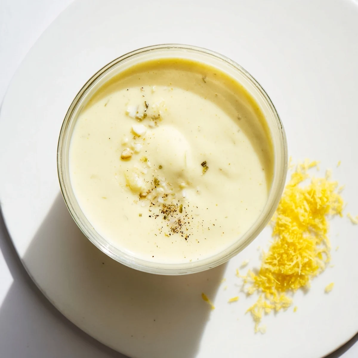 Golden creamy lemon vinaigrette dressing drizzled over fresh green salad in white bowl