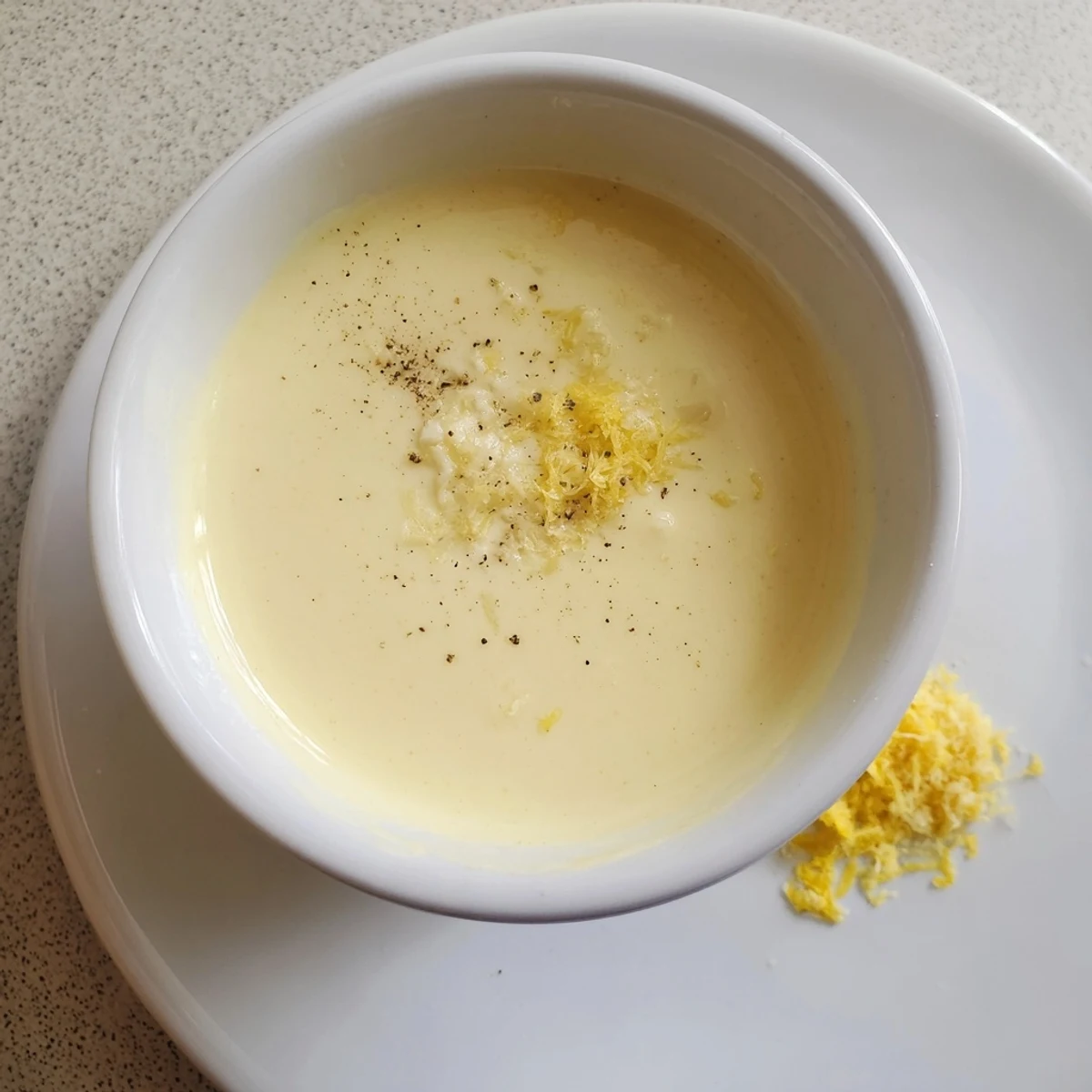 Smooth bright lemon vinaigrette with olive oil emulsion in clear glass measuring cup